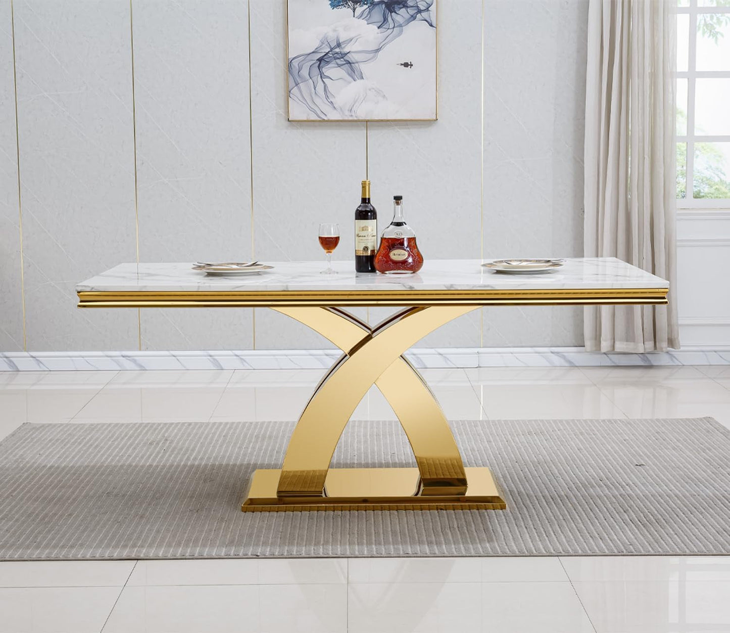 Luxurious Faux Marble DiningTable 70Inch XPedestal
