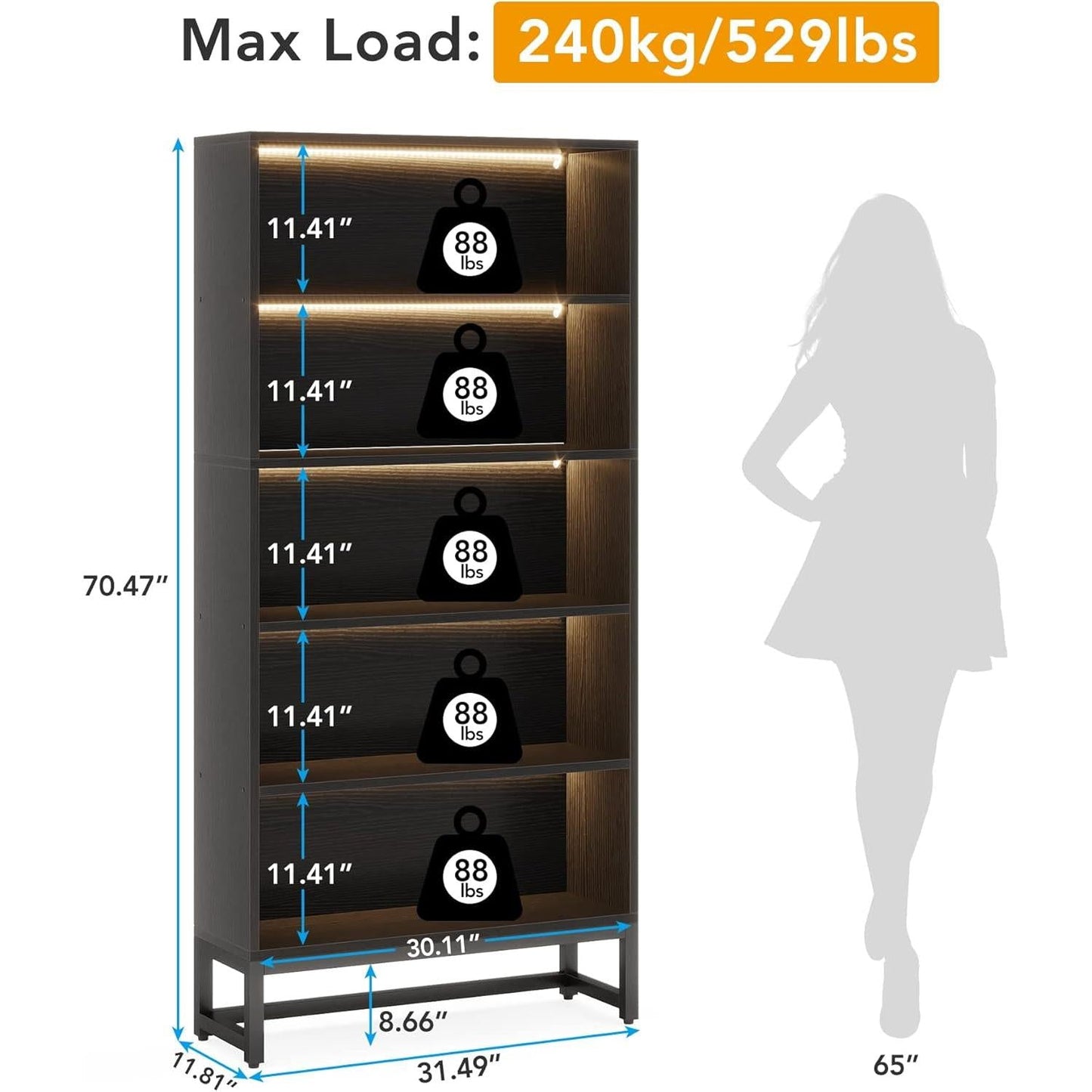 Tall Bookcase Black Bookshelf, 70.8” Large Bookcases Organizer with LED Lights, Heavy Duty Free-Standing Library Bookshelf with 5-Tier Storage Shelves for Living Room, Bedroom (Black)