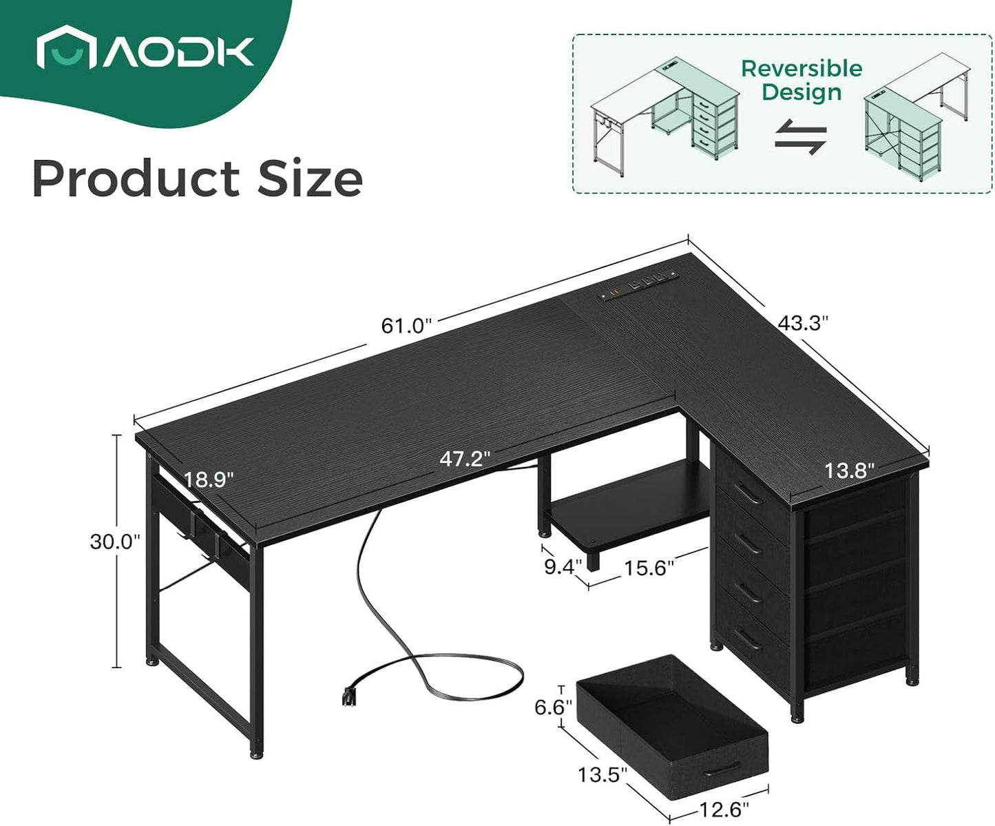 L Shaped Gaming Desk with 4 Drawers, 61" Reversible Home Office Desks with Power Outlets, L Shaped Computer Desk with USB Charging Port and Host Stand, Corner Desk, Easy to Assemble, Black