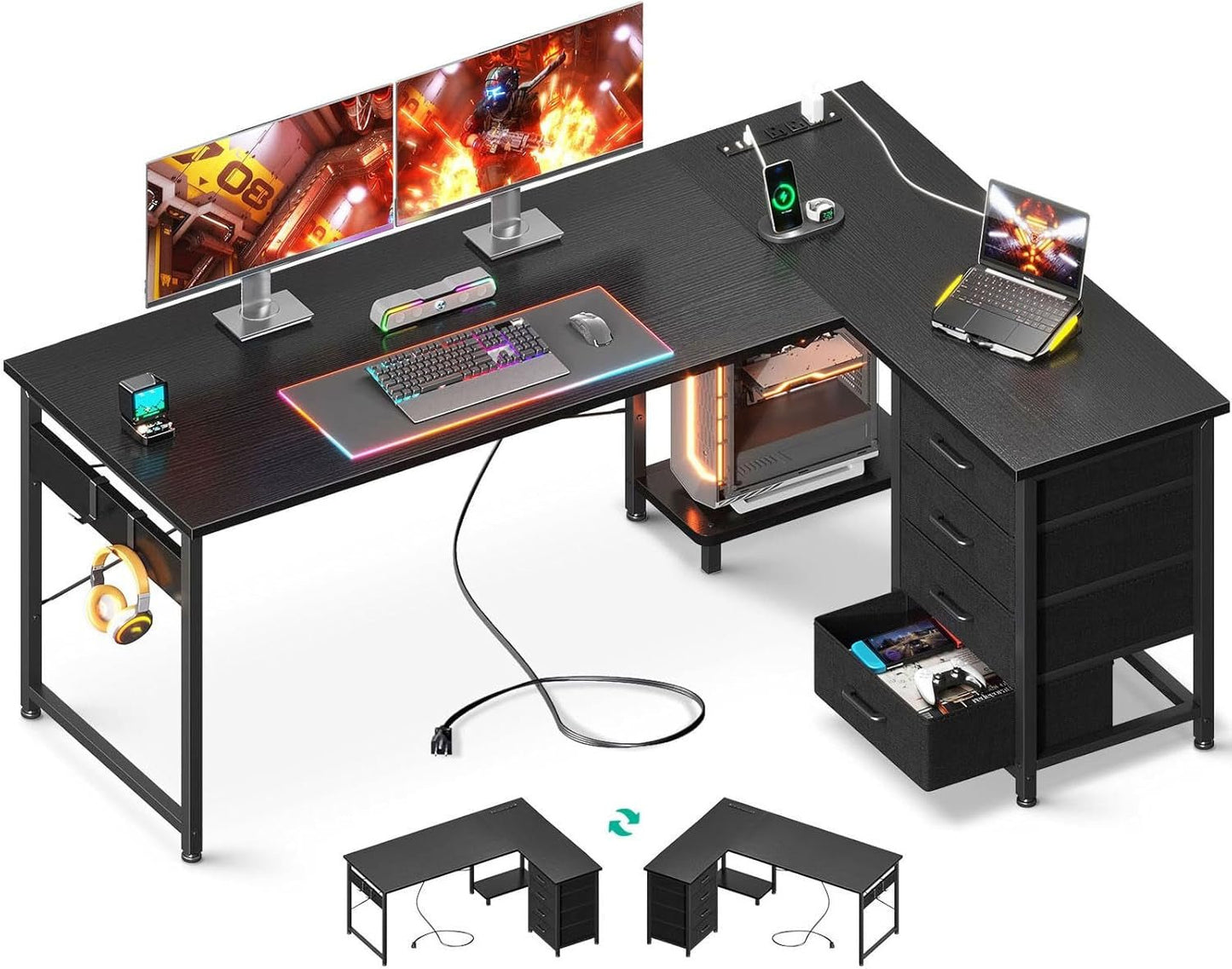 L Shaped Gaming Desk with 4 Drawers, 61" Reversible Home Office Desks with Power Outlets, L Shaped Computer Desk with USB Charging Port and Host Stand, Corner Desk, Easy to Assemble, Black