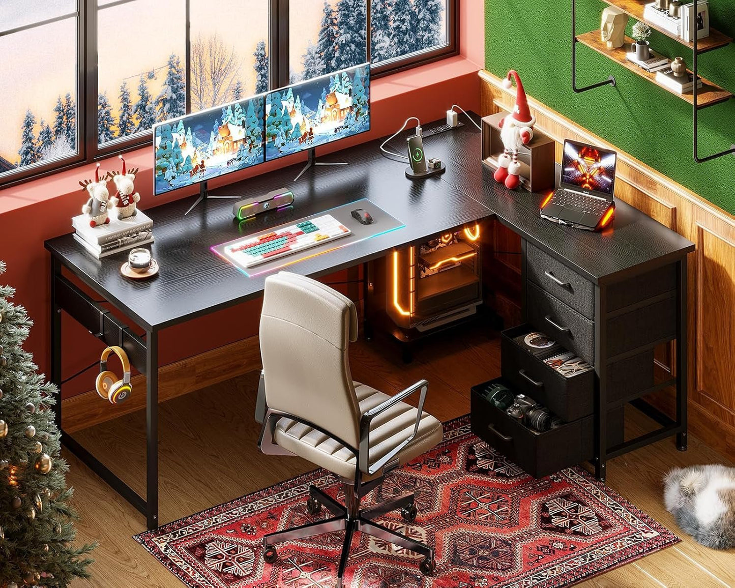 L Shaped Gaming Desk with 4 Drawers, 61" Reversible Home Office Desks with Power Outlets, L Shaped Computer Desk with USB Charging Port and Host Stand, Corner Desk, Easy to Assemble, Black
